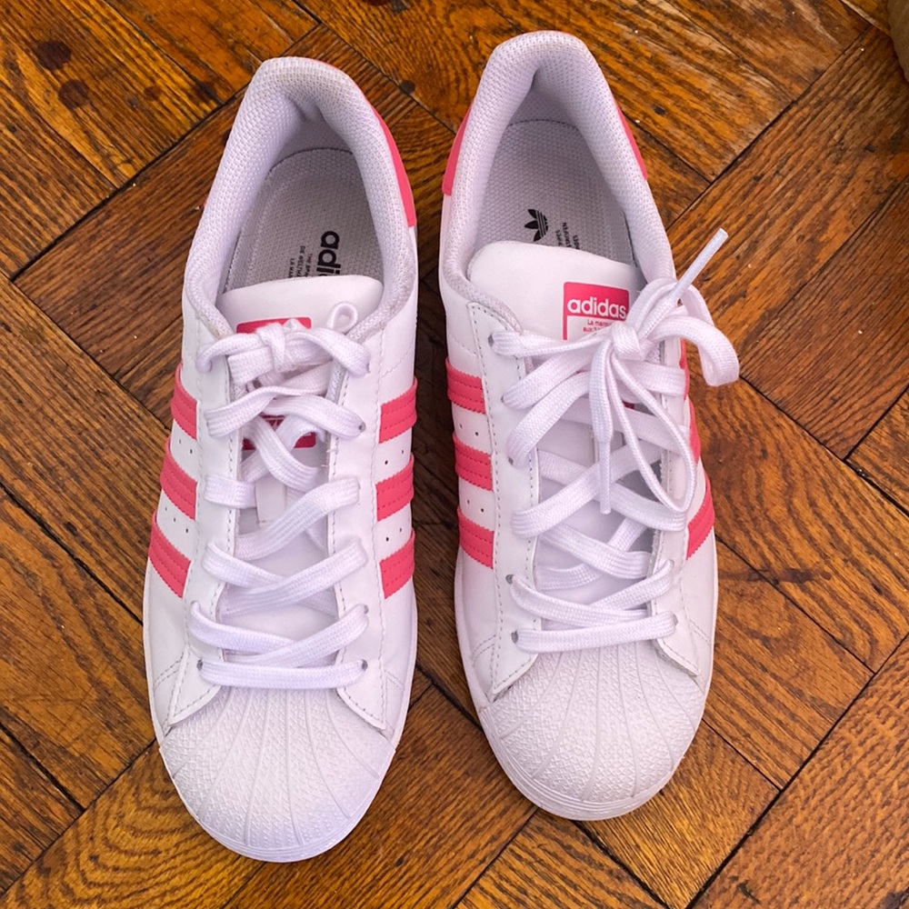 PINK WHITE ADDIDAS…. Worn 3 times comes with box